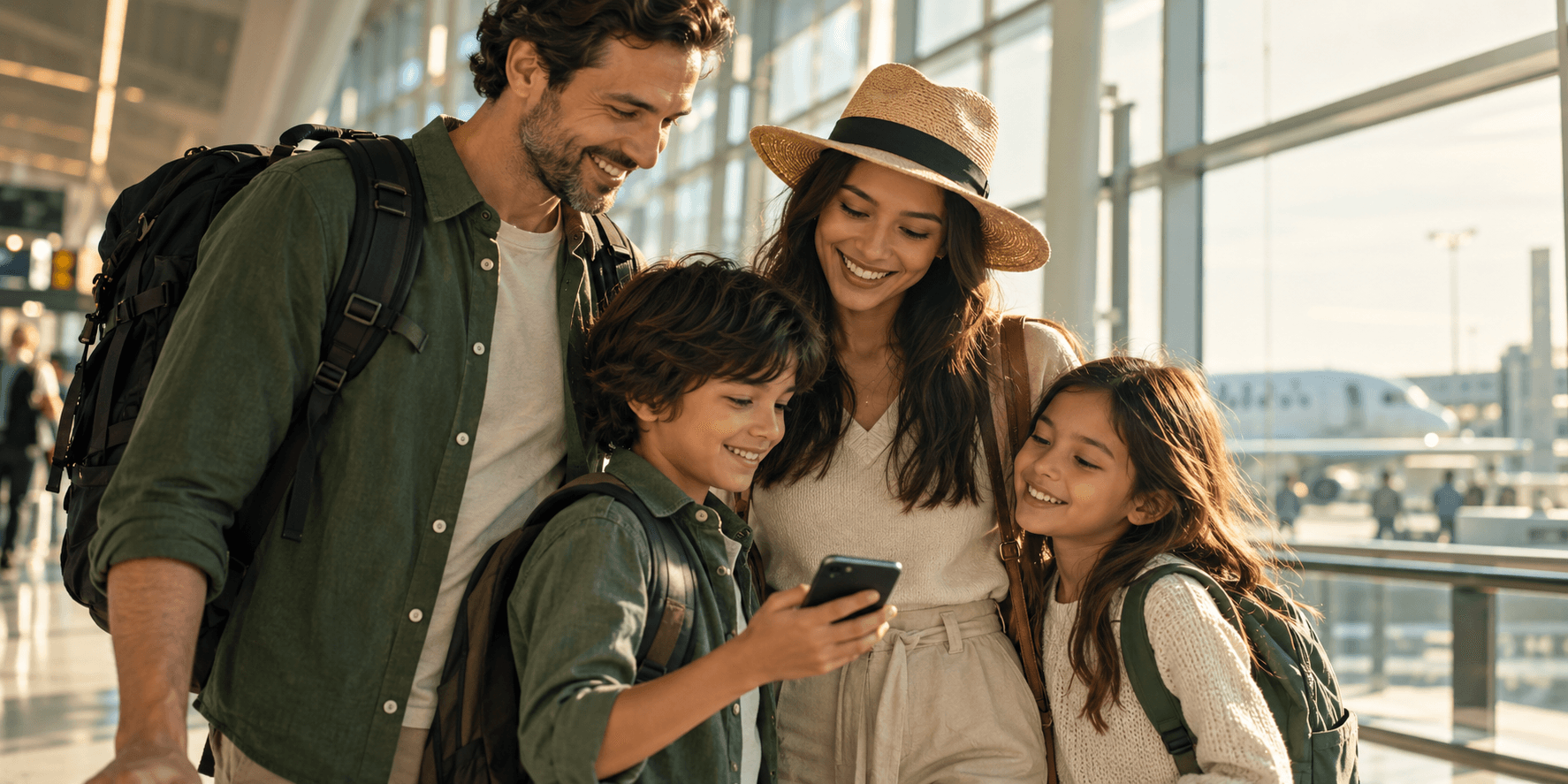 A family sharing a moment while travelling